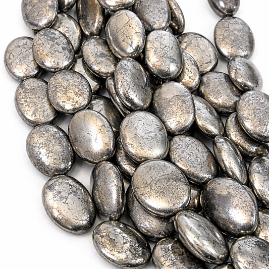 15mm x 20mm Glossy Finish Natural Metallic Pyrite Oval Shaped Beads with 1mm Holes - 15.5" Strand (Approx. 16 Beads) - Quality Gemstone