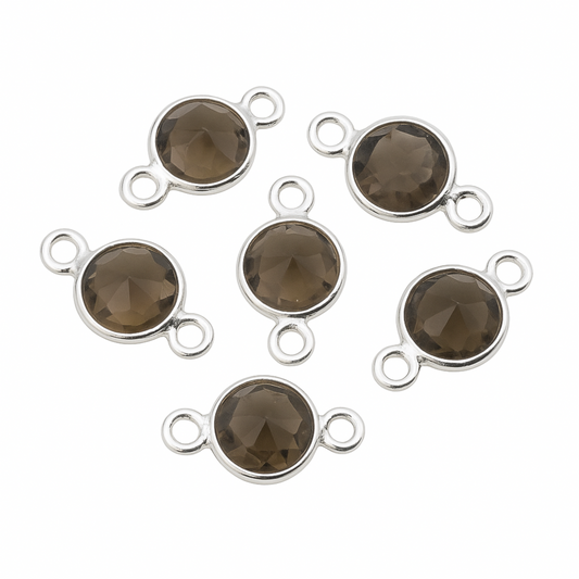 6pcs Smoky Quartz Bezel Connectors 5mm | Faceted Round Coin Cut Stone | Sterling Silver Double Loop Links for Jewelry Making Bulk Lot