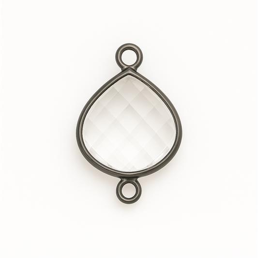 Hydro Quartz Bezel | Gunmetal Plated Faceted Clear (Lab Created) Heart Teardrop Shaped Bezel Connector - Measuring 18mm x 18mm