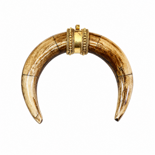 Natural Ox Bone Crescent, Medium Brown Tribal Tusk, Gold Bail Charm, Bohemian Necklace Focal, Jewelry Supply