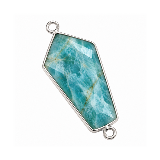 Blue-green Amazonite dagger connector with a silver-finish bezel and two attachment loops.