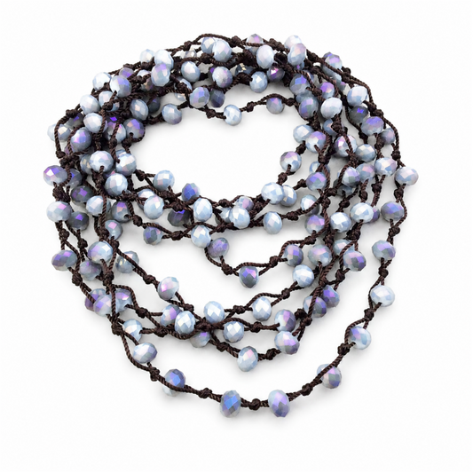 Chinese Crystal Beads | 72" Woven Dark Brown Thread Necklace with 6mm Faceted AB Finish Rondelle Shaped Opaque Gray Purple Glass Beads