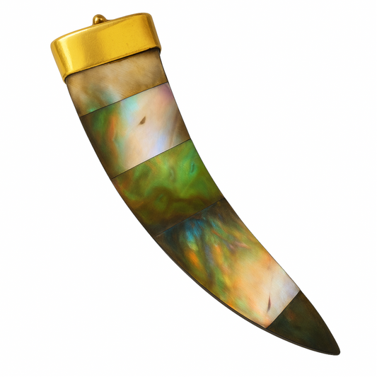 Iridescent Abalone Shell Tusk Pendant | 85mm Flat Horn Claw Shape | Gold Cap Wood Jewelry Component | Tribal Boho Necklace Charm