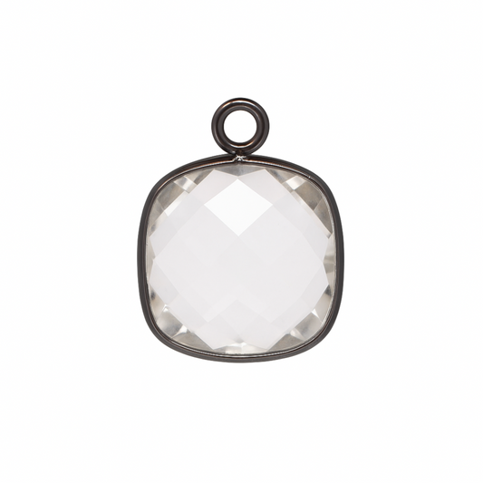 Gunmetal Plated Clear Hydro Quartz Pendant | 12mm Square Faceted Gemstone Charm | Lab-Created Quartz Bezel Connector for Jewelry Making