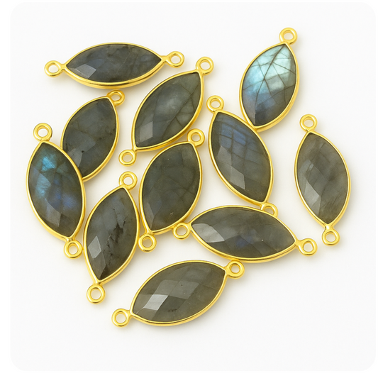 Labradorite Bezel | Gold Plated Natural Faceted Marquise Shaped Copper Connector - Measures 10mm x 20mm - Sold Individually, Random