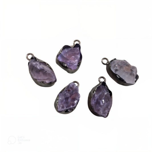 Amethyst Nugget Pendant Gunmetal Finish | Small Raw Amethyst Charm | Wavy Bezel Pendant | 13mm-15mm | Genuine Crystal Jewelry Making Supplies