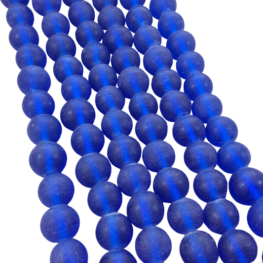 12mm Matte Cobalt Blue Irregular Rondelle Shaped Indian Beach/Sea Glass Beads - Sold by 16" Strands - Approximately 34 Beads per Strand