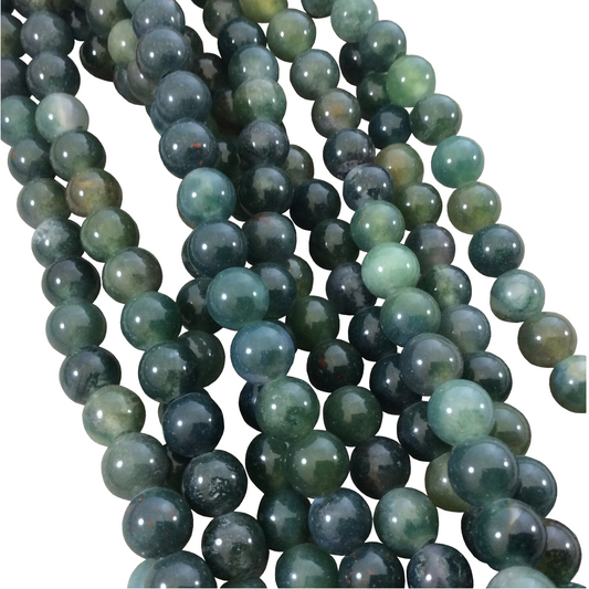 Semi-Gloss Finish Natural Green Moss Agate Round/Ball Shaped Beads with 2.5mm Holes - 8" Strand - LARGE HOLE BEADS