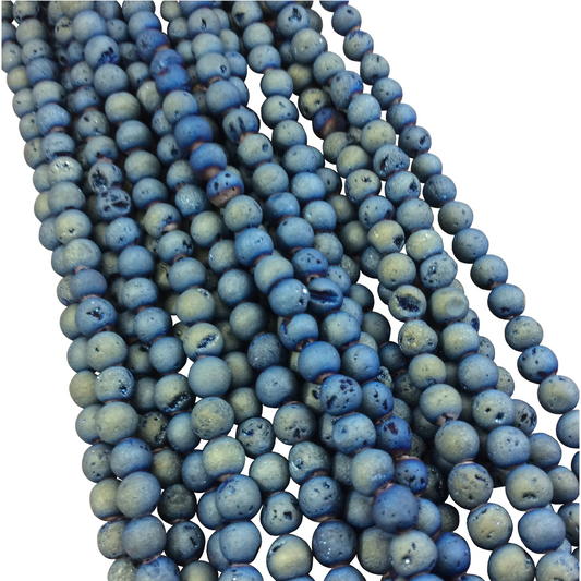 6mm Matte Finish Premium Light Blue/Gold Titanium Druzy Agate Round Shaped Beads with 1mm Holes - Sold by 15.5" Strands (Approx. 66 Beads)