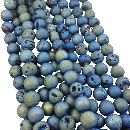 10mm Matte Finish Premium Light Blue/Gold Druzy Agate Round/Ball Shaped Beads with 1mm Holes - Sold by 15.5" Strands (Approx. 40 Beads)