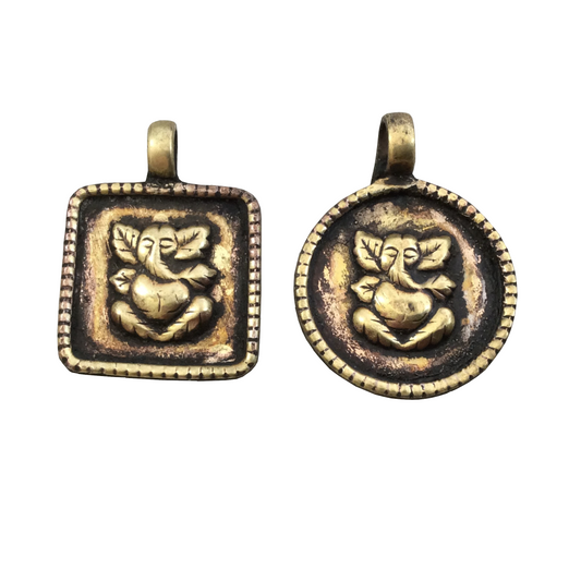 1" Oxidized Gold Plated Rustic Circle 'Ganesha' Copper God/Deity Pendant with Attached Ring.