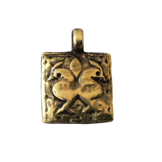 15mm x 15mm Oxidized Gold Plated Rustic Cast Twin Birds Icon Copper Square Shape Pendant W Attached Ring - Sold Individually (K-105)