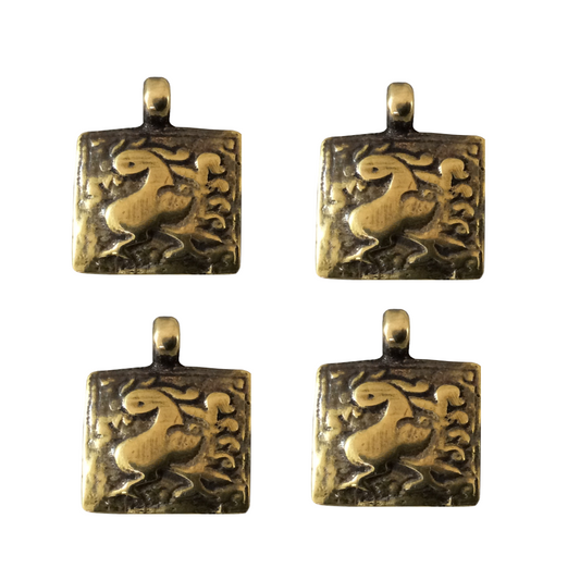 Copper Square Pendant with Attached Ring - Walking Chicken Design - Oxidized Gold Plated Rustic Cast Pendant