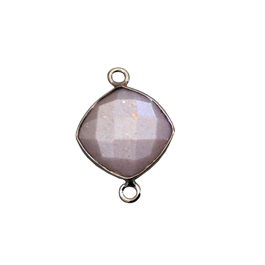 Gunmetal Finish Faceted Peach Moonstone Diamond Shape Plated Copper Bezel Connector Component - ~ 12mm x 12mm - Sold Individually - RANDOM