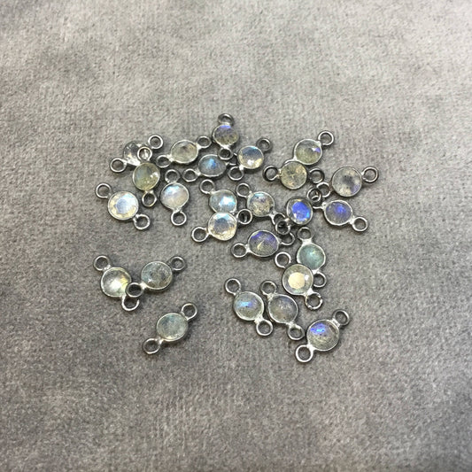 BULK PACK of Six (6) Gunmetal Sterling Silver Pointed/Cut Stone Faceted Round/Coin Shaped Labradorite Bezel Connectors - Measuring 4mm x 4mm