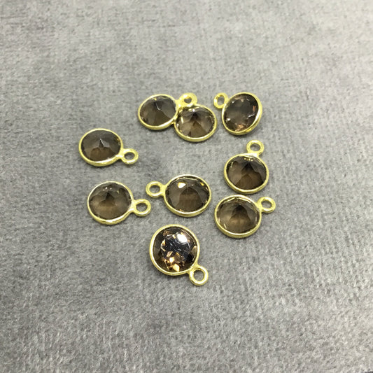 BULK PACK of Six (6) Gold Sterling Silver Pointed/Cut Stone Faceted Round/Coin Shaped Smoky Quartz Bezel Pendants - Measuring 6mm x 6mm