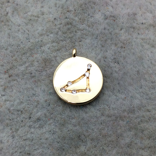 Small Gold Finish Round Shape CZ Cubic Zirconia Inlaid Plated Copper Capricorn Zodiac Constellation Pendant ~ 11mm - Sold Individually