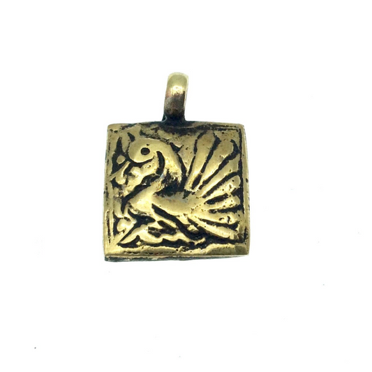 15mm x 15mm Oxidized Gold Plated Rustic Cast Flapping Duck Icon Copper Square Shaped Pendant w/ Attached Ring - Sold Individually (K-14)
