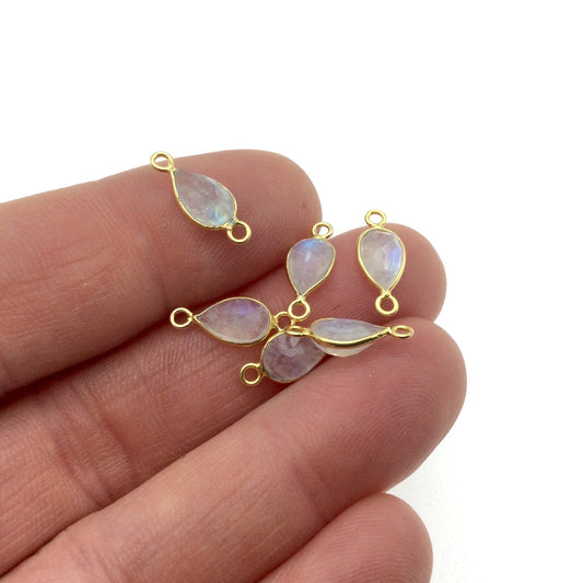 Moonstone Bezel | BULK PACK of Six (6) Vermeil Gold Pointed Cut Stone Faceted Teardrop Shaped Bezel Connectors - Measuring 5mm x 8mm