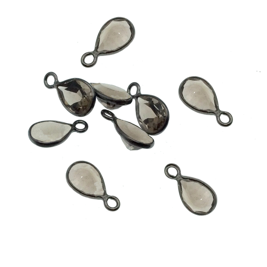 BULK LOT -Pack of Six (6) Gunmetal sterling silver Pointed/Cut Stone Faceted Teardrop Shaped Smoky Quartz Bezel Pendants Measures 5mm x 7mm