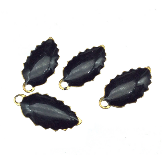 8mm x 15mm Two-Sided Jet Black Beadlanta Enamel Brass Handmade Serrated Leaf Pendant/Charm W Top Hole - Sold In Packs of Four Pieces