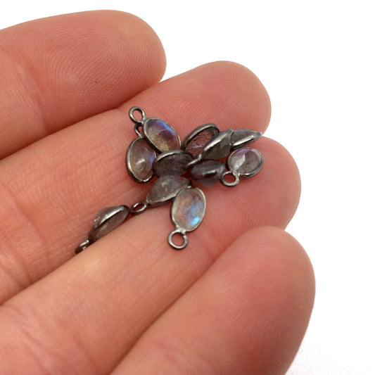 Labradorite Bezel | Gunmetal Sterling Silver Pointed/Cut Stone Faceted Oval Shaped Pendants - Measuring 4mm x 6mm BULK LOT- Pack of Six (6)