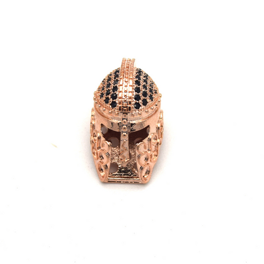 10mm x 20mm Rose Gold Plated Cubic Zirconia Spartan Helmet Shaped Bead with Black Inlaid CZ