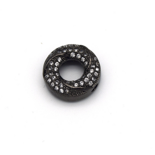 13mm x 13mm Gunmetal Plated Cubic Zirconia Encrusted/Inlaid Swirled Donut/Ring Shaped Bead