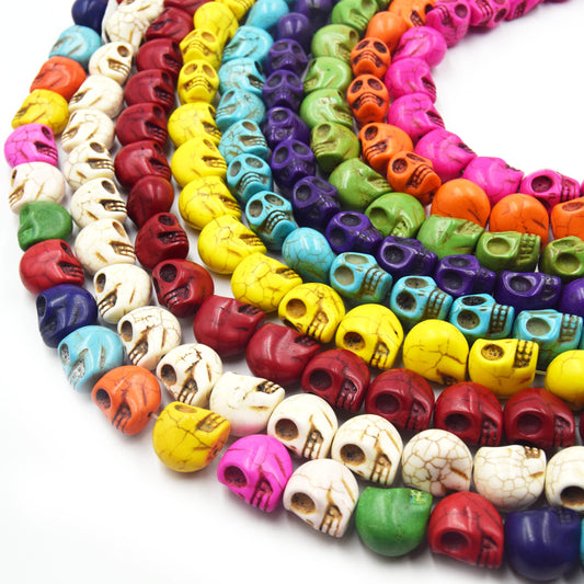 Howlite skull bead strands in white, turquoise blue, red, yellow, purple, green, orange, and hot pink