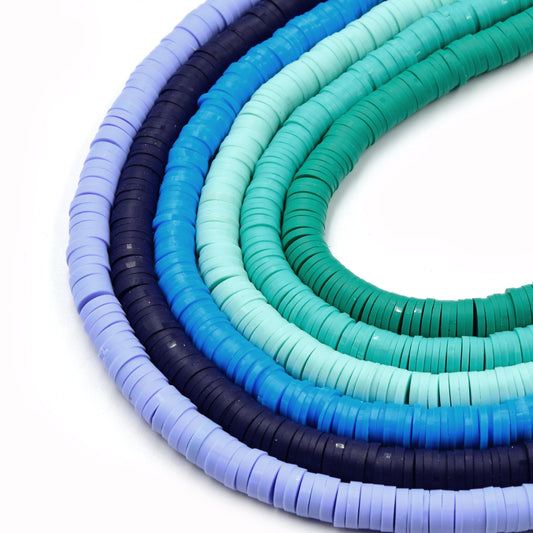 African Vinyl Beads | 6mm Blue Aqua Teal Vinyl Clay Heishi Disc Beads (Approx. 350 Beads)