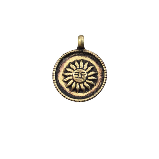 1" Oxidized Gold Plated Rustic Cast Sun Icon Copper Round/Coin/Disc Pendant with Attached Ring - 25mm Diameter, Approximately