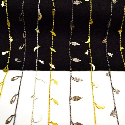 Dangle Chain - Gold Silver Gunmetal Plated Copper Dangle Chain - Sold by the Foot - Cross Leaf Diamond Gem Disc Star Moon Dangles