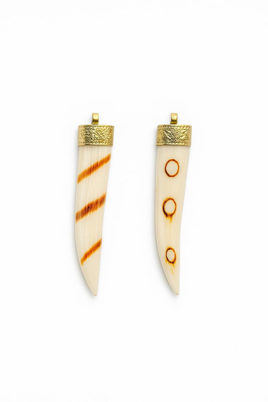Ox Bone Tusk Pendant Tribal Burned Design with Gold Cap Choose Stripe or Dot Pattern Boho Charm for Necklace Making