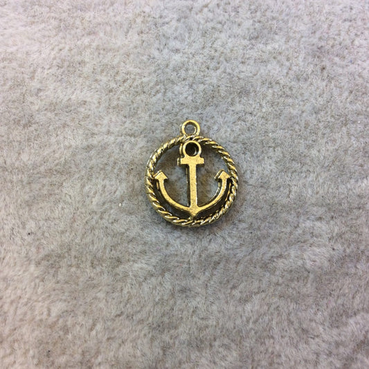 OS CLOSEOUT - Gold Finish Rope and Anchor Shaped Circular Brass Charm/Pendant - Measuring 15mm x 15mm - Pack of SIX