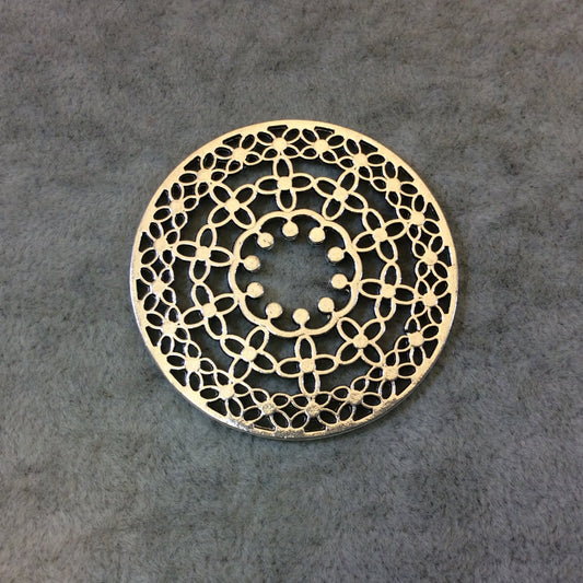 1.75" Long Tibetan Silver Round/Circular Floral Pattern Mandala Cut-Out Disc Shape Focal Pendant - 45mm x 45mm - Sold Individually (A16553)