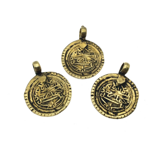 1" Oxidized Gold Plated Rustic Cast Abstract Symbols Design Copper Round/Disc Pendant W Attached Ring - 25mm Diameter, Approximately