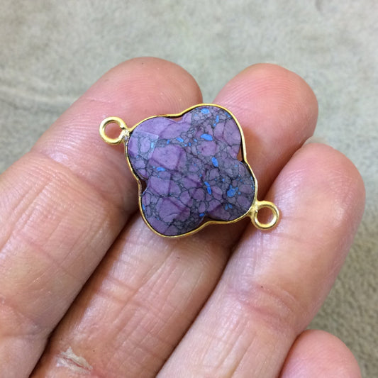 OOAK Gold Plated Faceted Manmade Resin/Clay Striped Purple Quatrefoil Shaped Bezel Connector - Measuring 18mm x 18mm - Sold Individually