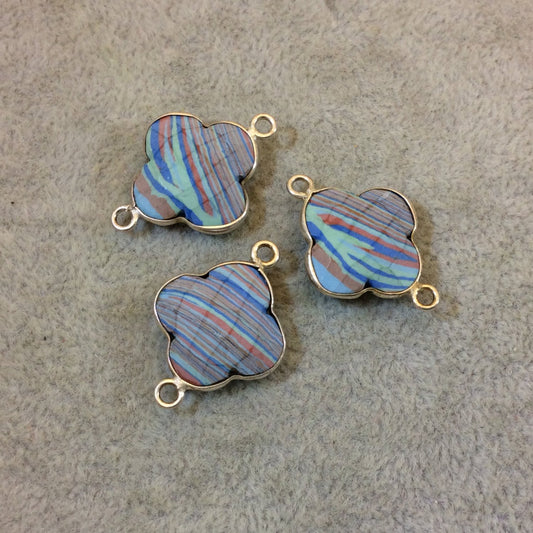Silver Plated Faceted Manmade Resin/Clay Striped Blue/Red/Green Quatrefoil Shape Bezel Connector - Measuring 18mm x 18mm - Sold Individually