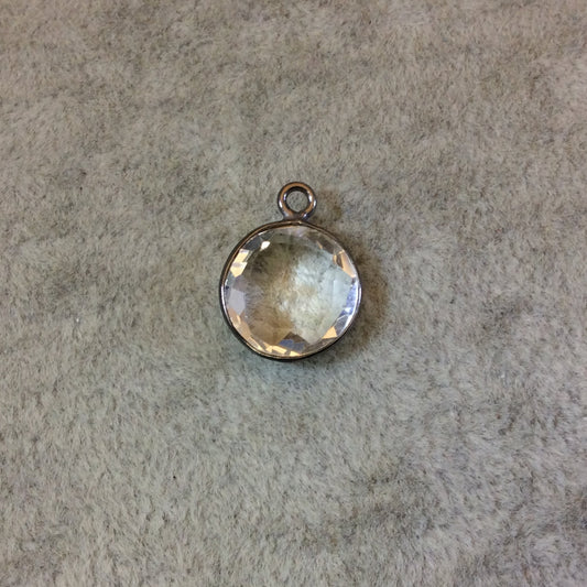 Gunmetal Plated Faceted Clear Hydro (Lab Created) Quartz Round/Coin Shaped Bezel Pendant - Measuring 12mm x 12mm - Sold Individually