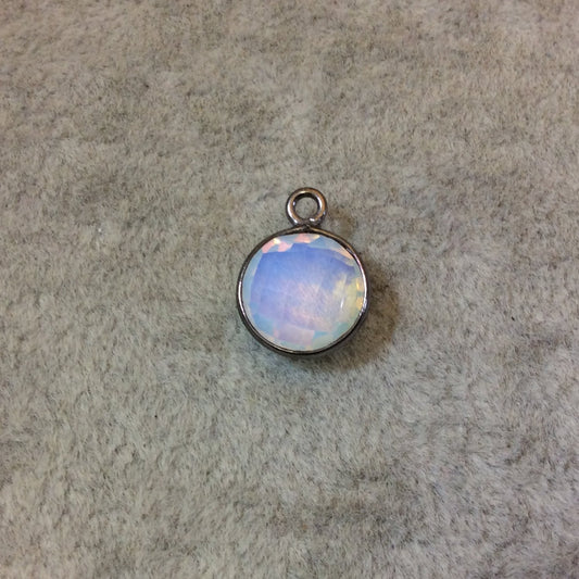 Gunmetal Plated Faceted White Opalite (Manmade Glass) Round/Coin Shaped Bezel Pendant - Measuring 10mm x 10mm - Sold Individually