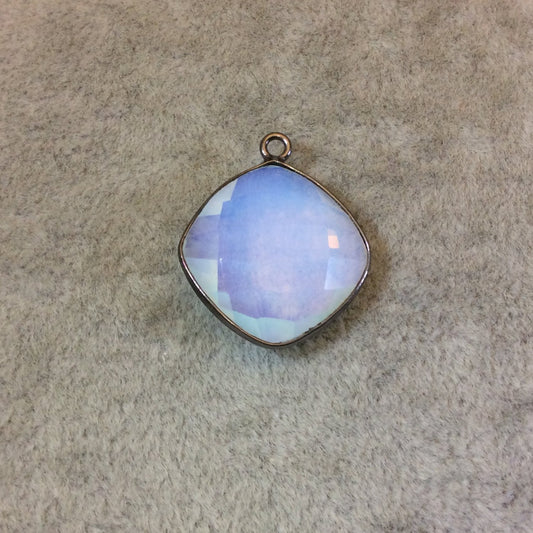 Gunmetal Plated Faceted White Opalite (Manmade Glass) Diamond Shaped Bezel Pendant - Measuring 18mm x 18mm - Sold Individually