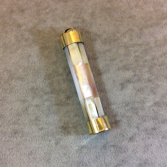 2.5" White/Ivory Cylinder Shaped Natural Iridescent Abalone Shell Pendant with Plain Gold Plated Cap - Measuring 12mm x 62mm - (TR25WHCYAB)