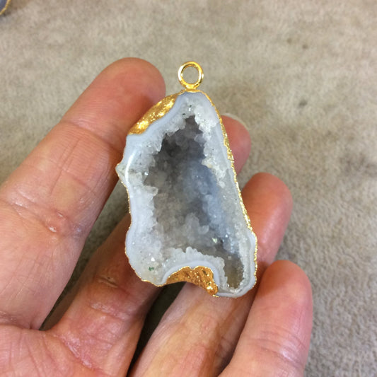 OOAK Large Gold Electroplated Light Gray Druzy Geode Agate Freeform Shaped Unique Focal Pendant - Measuring 27mm x 45mm Approximately