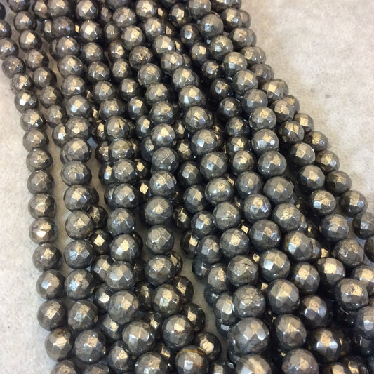 8mm Macro Faceted Metallic Pyrite Round Shaped Beads with 1mm Holes - 15.5" Strand (Approx. 50 Beads) - Natural Semi-Precious Gemstone
