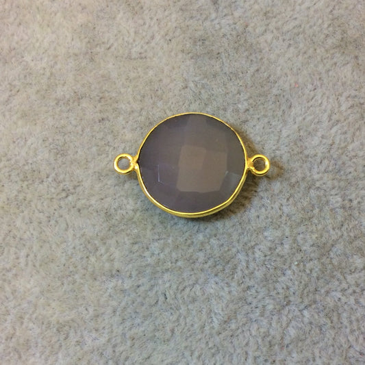 Gold Plated Faceted Natural Semi-Opaque Gray Chalcedony Round/Coin Shaped Bezel Connector - Measuring 18mm x 18mm - Sold Individually