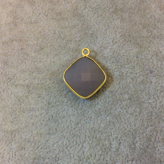 Gold Plated Faceted Natural Semi-Opaque Gray Chalcedony Diamond Shaped Bezel Pendant - Measuring 15mm x 15mm - Sold Individually