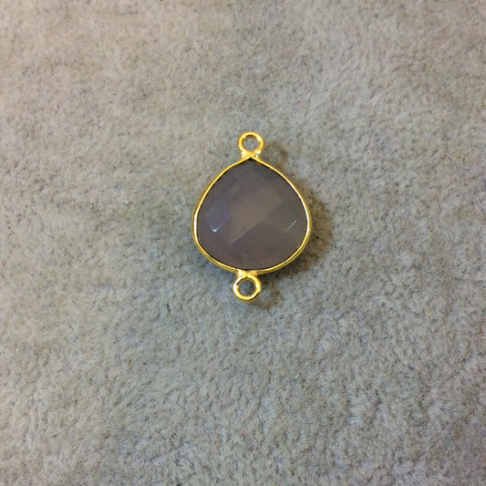 Gold Plated Faceted Natural Semi-Opaque Gray Chalcedony Heart/Teardrop Shaped Bezel Connector - Measuring 15mm x 15mm - Sold Individually