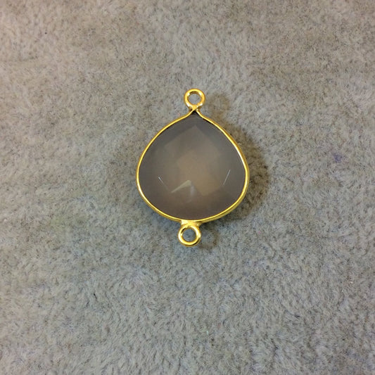 Gold Plated Faceted Natural Semi-Opaque Gray Chalcedony Heart/Teardrop Shaped Bezel Connector - Measuring 18mm x 18mm - Sold Individually