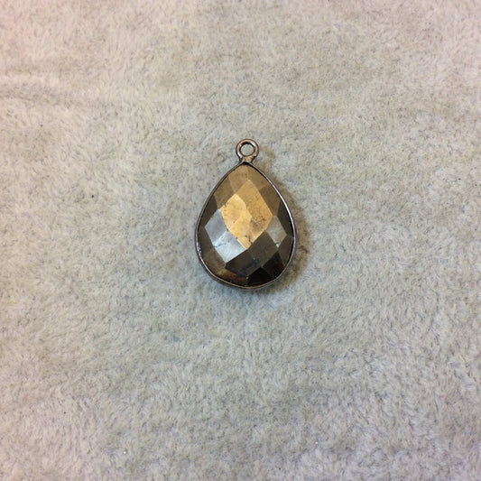 Gunmetal Plated Faceted Natural Metallic Pyrite (Fool's Gold) Pear/Teardrop Shaped Bezel Pendant Component - Measuring 15mm x 20mm