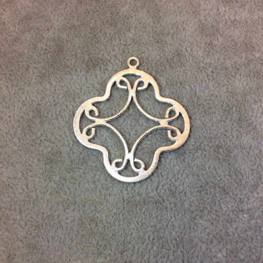 38mm Silver Brushed Finish Scrollwork Quatrefoil Shaped Plated Copper Components - Sold in Pre-Counted Bulk Packs of 10 Pieces - (071-SV)